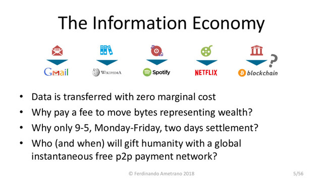 The Information Economy
• Data is transferred with zero marginal cost
• Why pay a fee to move bytes representing wealth?
• Why only 9-5, Monday-Friday, two days settlement?
• Who (and when) will gift humanity with a global
instantaneous free p2p payment network?
BANK
© Ferdinando Ametrano 2018 5/56
