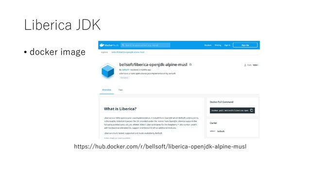 Liberica JDK
• docker image
https://hub.docker.com/r/bellsoft/liberica-openjdk-alpine-musl
