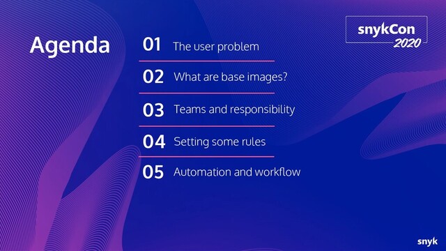 Agenda The user problem
01
What are base images?
02
Teams and responsibility
03
Setting some rules
04
Automation and workﬂow
05
