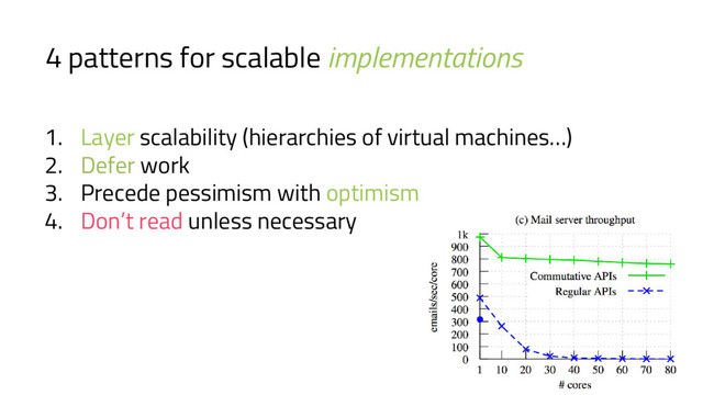 4 patterns for scalable implementations
1. Layer scalability (hierarchies of virtual machines…)
2. Defer work
3. Precede pessimism with optimism
4. Don’t read unless necessary
