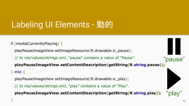 Labeling UI Elements - 動的
if (mediaCurrentlyPlaying) {
playPauseImageView.setImageResource(R.drawable.ic_pause);
// In res/values/strings.xml, "pause" contains a value of "Pause".
playPauseImageView.setContentDescription(getString(R.string.pause));
} else {
playPauseImageView.setImageResource(R.drawable.ic_play);
// In res/values/strings.xml, "play" contains a value of "Play".
playPauseImageView.setContentDescription(getString(R.string.play));
}
“pause”
“play”
33
