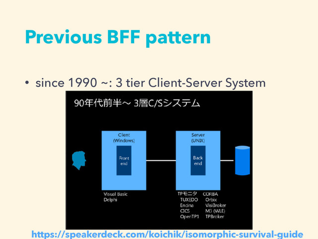 Previous BFF pattern
• since 1990 ~: 3 tier Client-Server System
https://speakerdeck.com/koichik/isomorphic-survival-guide
