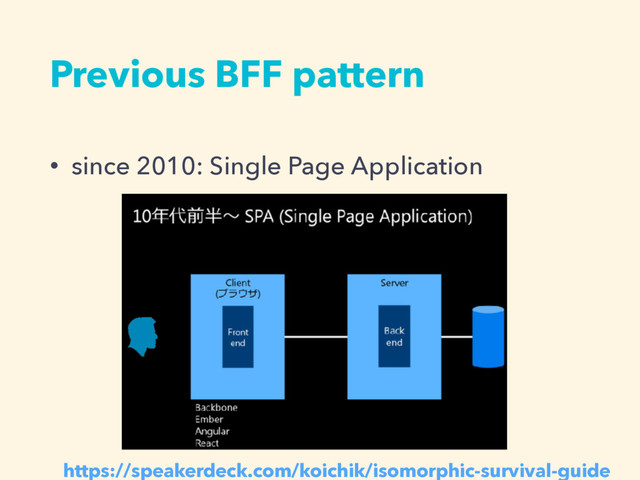 Previous BFF pattern
• since 2010: Single Page Application
https://speakerdeck.com/koichik/isomorphic-survival-guide
