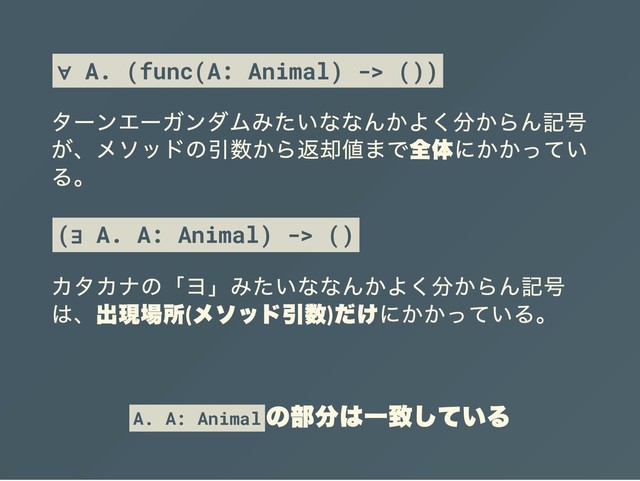 ∀ A. (func(A: Animal) -> ())
ターンエーガンダムみたいななんかよく分からん記号
が、メソッドの引数から返却値まで全体にかかってい
る。
(∃ A. A: Animal) -> ()
カタカナの「ヨ」みたいななんかよく分からん記号
は、出現場所(
メソッド引数)
だけにかかっている。
A. A: Animal
の部分は一致している
