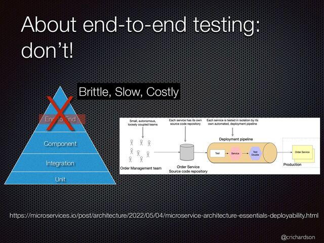 @crichardson
Unit
Integration
Component
End to End
About end-to-end testing:
don’t!
XBrittle, Slow, Costly
https://microservices.io/post/architecture/2022/05/04/microservice-architecture-essentials-deployability.html
