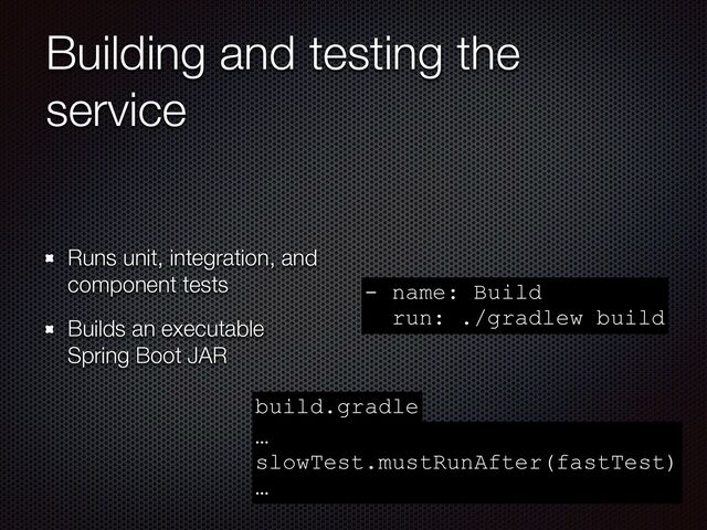 Building and testing the
service
Runs unit, integration, and
component tests


Builds an executable
Spring Boot JAR
- name: Build


run: ./gradlew build
…


slowTest.mustRunAfter(fastTest)


…
build.gradle
