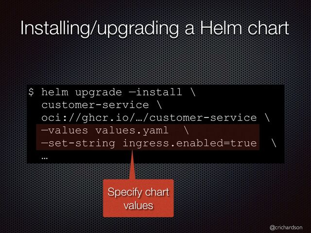@crichardson
Installing/upgrading a Helm chart
$ helm upgrade —install \


customer-service \


oci://ghcr.io/…/customer-service \


—values values.yaml \


—set-string ingress.enabled=true \


…
Specify chart
values

