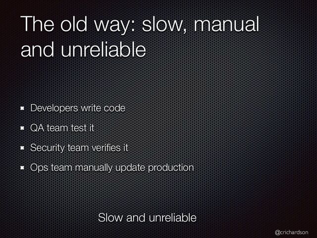 @crichardson
The old way: slow, manual
and unreliable
Developers write code


QA team test it


Security team veri
fi
es it


Ops team manually update production
Slow and unreliable
