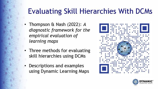 Evaluating Skill Hierarchies With DCMs
• Thompson & Nash (2022): A
diagnostic framework for the
empirical evaluation of
learning maps
• Three methods for evaluating
skill hierarchies using DCMs
• Descriptions and examples
using Dynamic Learning Maps
