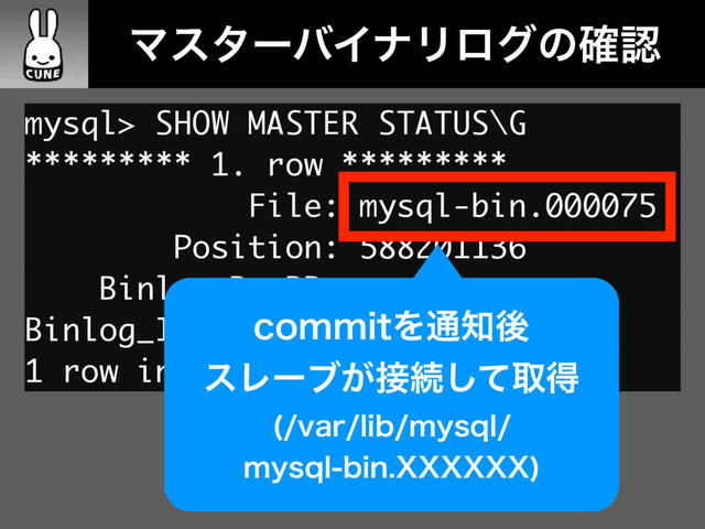 ɹɹϚελʔόΠφϦϩάͷ֬ೝ
mysql> SHOW MASTER STATUS\G
********* 1. row *********
File: mysql-bin.000075
Position: 588201136
Binlog_Do_DB:
Binlog_Ignore_DB:
1 row in set (0.01 sec)
DPNNJUΛ௨஌ޙ
εϨʔϒ͕઀ଓͯ͠औಘ
WBSMJCNZTRM
NZTRMCJO999999

