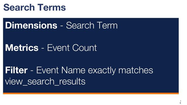 Search Terms
Dimensions - Search Term
Metrics - Event Count
Filter - Event Name exactly matches
view_search_results
1
6
