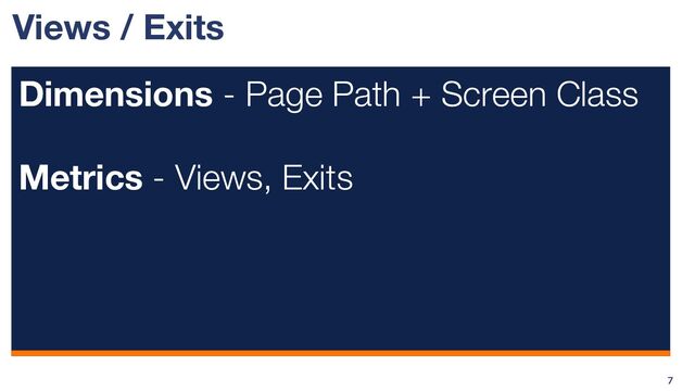 Views / Exits
Dimensions - Page Path + Screen Class
Metrics - Views, Exits
7
