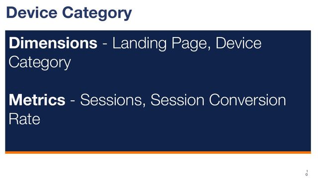 Device Category
Dimensions - Landing Page, Device
Category
Metrics - Sessions, Session Conversion
Rate
1
0
