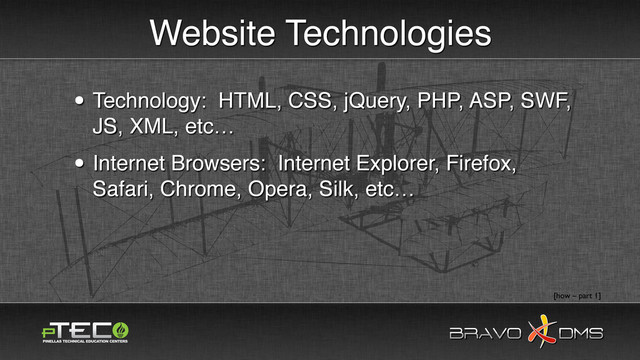 BRAVO DMS
BRAVO DMS
Website Technologies
• Technology: HTML, CSS, jQuery, PHP, ASP, SWF,
JS, XML, etc…
• Internet Browsers: Internet Explorer, Firefox,
Safari, Chrome, Opera, Silk, etc…
[how – part 1]
