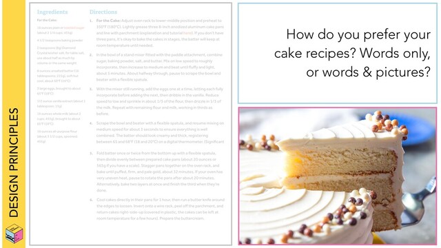 DESIGN PRINCIPLES
How do you prefer your
cake recipes? Words only,
or words & pictures?
