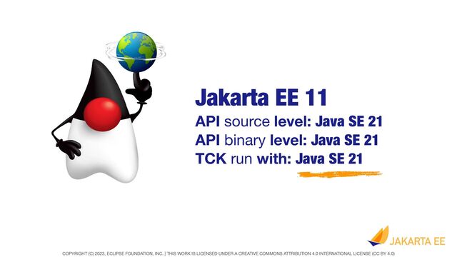 COPYRIGHT (C) 2023, ECLIPSE FOUNDATION, INC. | THIS WORK IS LICENSED UNDER A CREATIVE COMMONS ATTRIBUTION 4.0 INTERNATIONAL LICENSE (CC BY 4.0)
Jakarta EE 11
API source level: Java SE 21
API binary level: Java SE 21
TCK run with: Java SE 21
