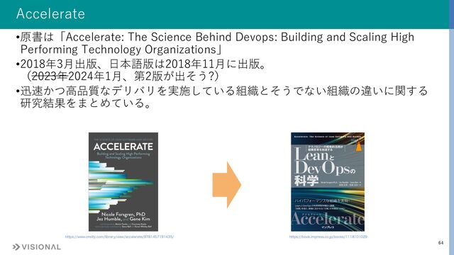 64
Accelerate
•原書は「Accelerate: The Science Behind Devops: Building and Scaling High
Performing Technology Organizations」
•2018年3⽉出版、⽇本語版は2018年11⽉に出版。
（2023年2024年1⽉、第2版が出そう?）
•迅速かつ⾼品質なデリバリを実施している組織とそうでない組織の違いに関する
研究結果をまとめている。
IUUQTCPPLJNQSFTTDPKQCPPLT
IUUQTXXXPSFJMMZDPNMJCSBSZWJFXBDDFMFSBUF
