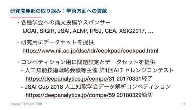 ݚڀ։ൃ෦ͷऔΓ૊Έɿֶज़ํ໘΁ͷߩݙ
11
ɾ֤छֶձ΁ͷ࿦จ౤ߘ΍εϙϯαʔ 
ɹ ĲCAI, SIGIR, JSAI, ALNP, IPSJ, CEA, XSIG2017, …
ɾݚڀ༻ʹσʔληοτΛఏڙ 
ɹ https://www.nii.ac.jp/dsc/idr/cookpad/cookpad.html
ɾίϯϖςΟγϣϯ༻ʹ໰୊ઃఆͱσʔληοτΛఏڙ 
ɹ- ਓ޻஌ೳٕज़ઓུձٞ౳ओ࠵ ୈ1ճAIνϟϨϯδίϯςετ 
ɹ https://deepanalytics.jp/compe/31 20170331ऴྃ 
ɹ- JSAI Cup 2018 ਓ޻஌ೳֶձσʔλղੳίϯϖςΟγϣϯ 
ɹ https://deepanalytics.jp/compe/59 20180329క੾
