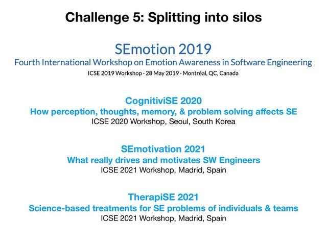 Challenge 5: Splitting into silos
CognitiviSE 2020
How perception, thoughts, memory, & problem solving aﬀects SE
ICSE 2020 Workshop, Seoul, South Korea
SEmotivation 2021
What really drives and motivates SW Engineers
ICSE 2021 Workshop, Madrid, Spain
TherapiSE 2021
Science-based treatments for SE problems of individuals & teams
ICSE 2021 Workshop, Madrid, Spain
