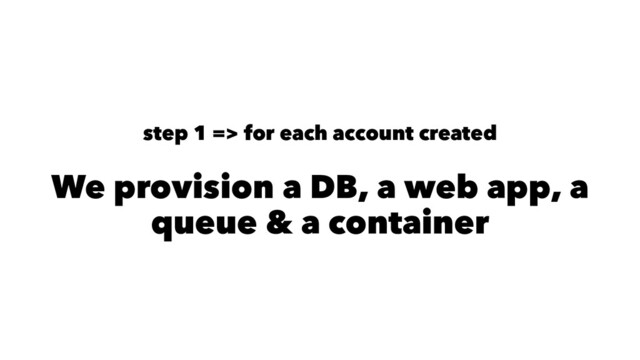 step 1 => for each account created
We provision a DB, a web app, a
queue & a container
