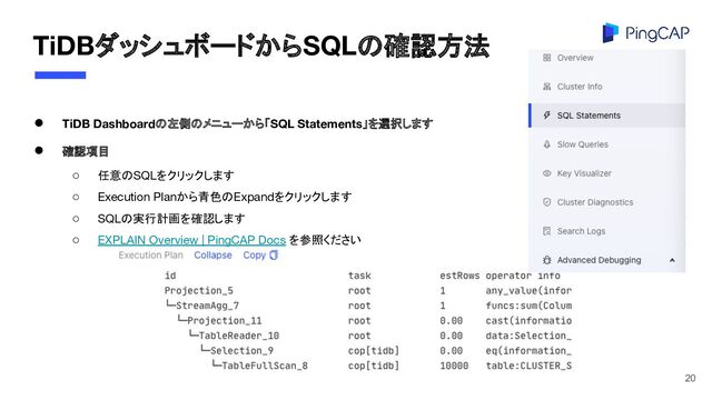 TiDBダッシュボードからSQLの確認方法
● TiDB Dashboardの左側のメニューから「SQL Statements」を選択します
● 確認項目
○ 任意のSQLをクリックします
○ Execution Planから青色のExpandをクリックします
○ SQLの実行計画を確認します
○ EXPLAIN Overview | PingCAP Docs を参照ください
20
