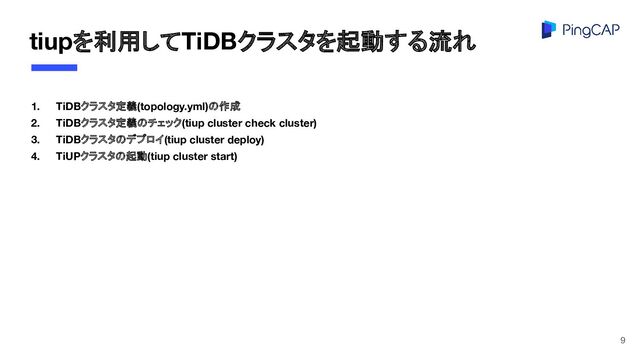 tiupを利用してTiDBクラスタを起動する流れ
1. TiDBクラスタ定義(topology.yml)の作成
2. TiDBクラスタ定義のチェック(tiup cluster check cluster)
3. TiDBクラスタのデプロイ(tiup cluster deploy)
4. TiUPクラスタの起動(tiup cluster start)
9
