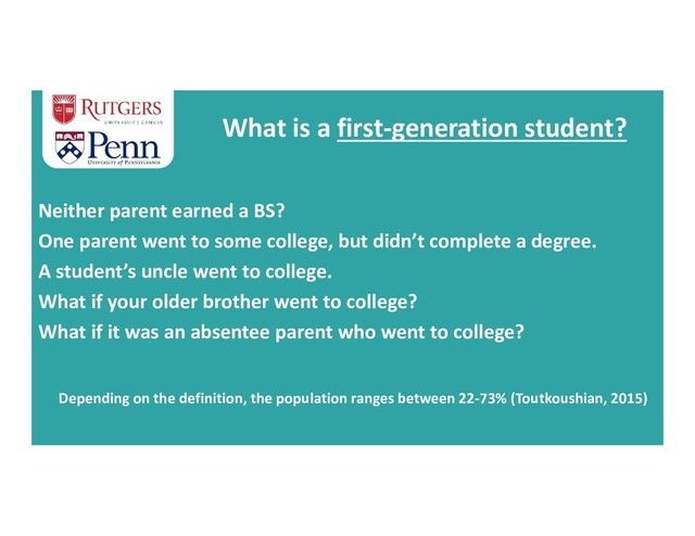 Neither parent earned a BS?
One parent went to some college, but didn’t complete a degree.
A student’s uncle went to college.
What if your older brother went to college?
What if it was an absentee parent who went to college?
Depending on the definition, the population ranges between 22-73% (Toutkoushian, 2015)
What is a first-generation student?
