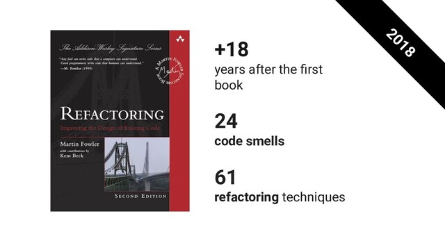 +18
years after the ﬁrst
book
24
code smells
61
refactoring techniques
2018
