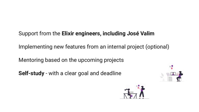 Support from the Elixir engineers, including José Valim
Implementing new features from an internal project (optional)
Mentoring based on the upcoming projects
Self-study - with a clear goal and deadline
