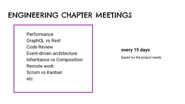 Performance
GraphQL vs Rest
Code Review
Event-driven architecture
Inheritance vs Composition
Remote work
Scrum vs Kanban
etc
ENGINEERING CHAPTER MEETINGS
every 15 days
based on the project needs

