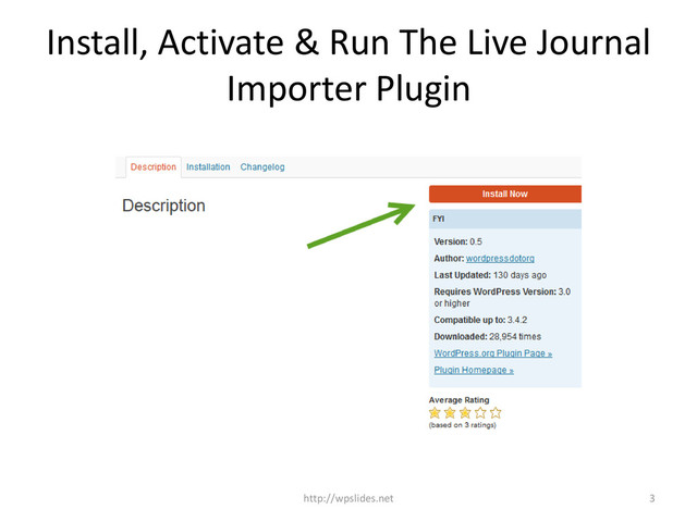 Install, Activate & Run The Live Journal
Importer Plugin
http://wpslides.net 3
