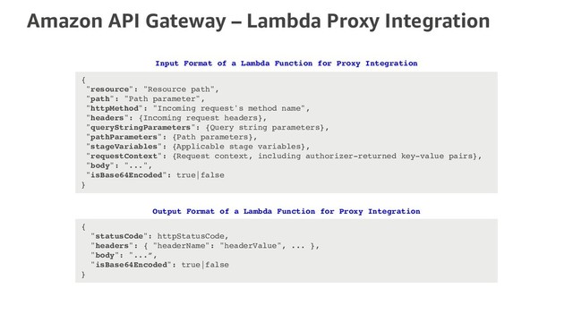 Amazon API Gateway – Lambda Proxy Integration
{
"resource": "Resource path",
"path": "Path parameter",
"httpMethod": "Incoming request's method name",
"headers": {Incoming request headers},
"queryStringParameters": {Query string parameters},
"pathParameters": {Path parameters},
"stageVariables": {Applicable stage variables},
"requestContext": {Request context, including authorizer-returned key-value pairs},
"body": "...",
"isBase64Encoded": true|false
}
{
"statusCode": httpStatusCode,
"headers": { "headerName": "headerValue", ... },
"body": "...”,
"isBase64Encoded": true|false
}
Input Format of a Lambda Function for Proxy Integration
Output Format of a Lambda Function for Proxy Integration
