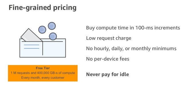 Fine-grained pricing
Buy compute time in 100-ms increments
Low request charge
No hourly, daily, or monthly minimums
No per-device fees
Never pay for idle
Free Tier
1 M requests and 400,000 GB-s of compute
Every month, every customer

