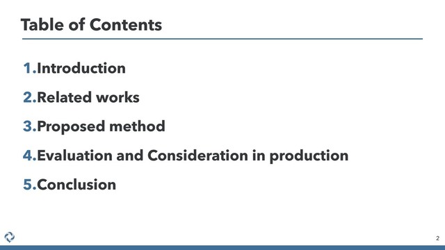1.Introduction
2.Related works
3.Proposed method
4.Evaluation and Consideration in production
5.Conclusion
2
Table of Contents
