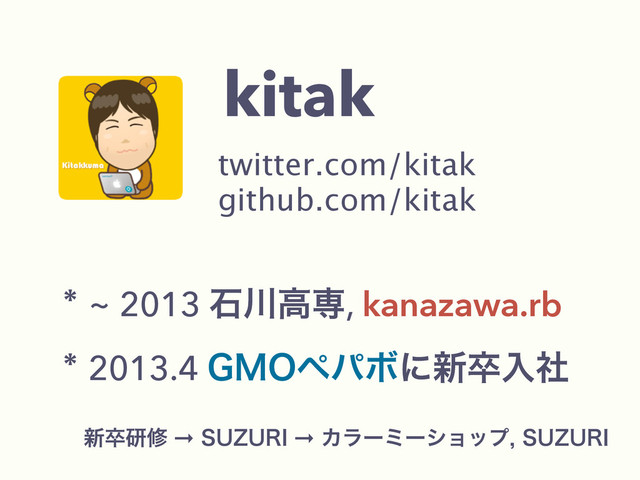 kitak
twitter.com/kitak 
github.com/kitak 
~ 2013 ੴ઒ߴઐ, kanazawa.rb
2013.4 (.0ϖύϘʹ৽ଔೖࣾ
৽ଔݚम➞46;63*➞Χϥʔϛʔγϣοϓ46;63*
