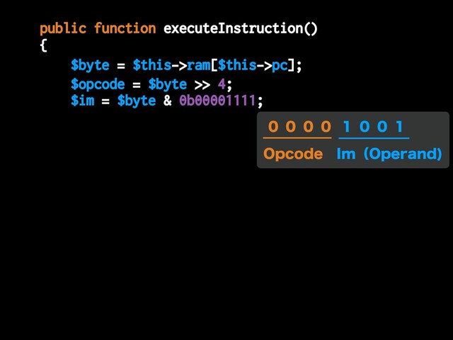 $opcode = $byte >> 4;
$im = $byte & 0b00001111;
public function executeInstruction()
{
$byte = $this->ram[$this->pc];
0QDPEF
   
*Nʢ0QFSBOE

   
