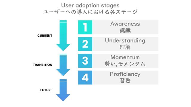 1
2
3
4
Awareness
認識
Understanding
理解
Momentum
勢い,モメンタム
Proficiency
習熟
CURRENT
TRANSITION
FUTURE
User adoption stages
ユーザーへの導入における各ステージ
