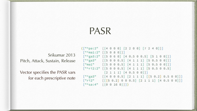 PASR
Srikumar 2013
Pitch, Attack, Sustain, Release
Vector speciﬁes the PASR vars
for each prescriptive note
