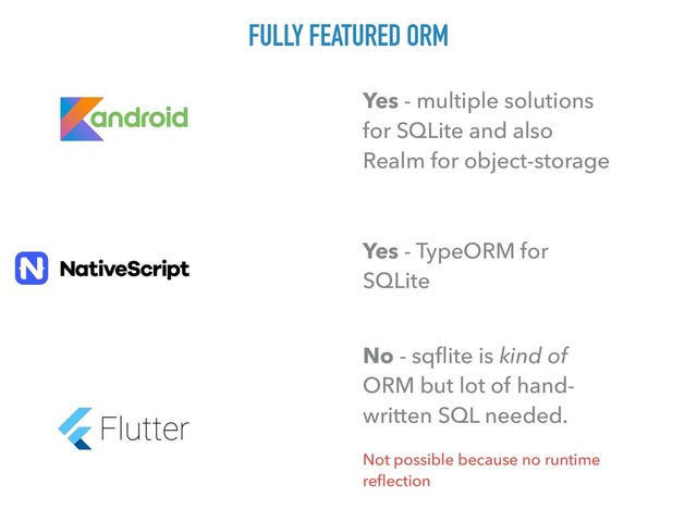 FULLY FEATURED ORM
Yes - multiple solutions
for SQLite and also
Realm for object-storage
Yes - TypeORM for
SQLite
No - sqﬂite is kind of
ORM but lot of hand-
written SQL needed.
Not possible because no runtime
reﬂection
