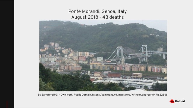 By Salvatore1991 - Own work, Public Domain, https://commons.wikimedia.org/w/index.php?curid=71622568
Ponte Morandi, Genoa, Italy
August 2018 - 43 deaths
