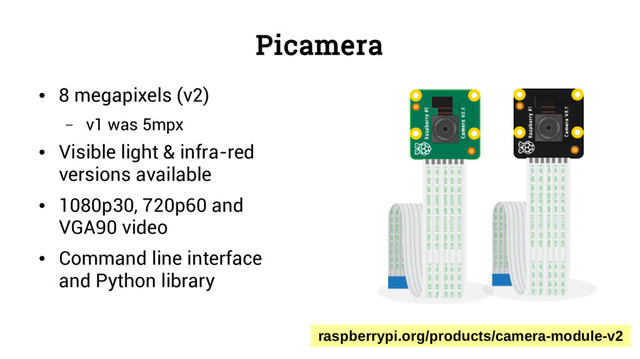 Picamera
●
8 megapixels (v2)
– v1 was 5mpx
●
Visible light & infra-red
versions available
●
1080p30, 720p60 and
VGA90 video
●
Command line interface
and Python library
raspberrypi.org/products/camera-module-v2
