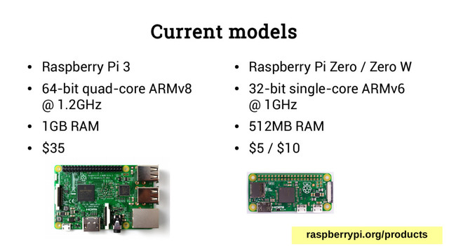 Current models
●
Raspberry Pi 3
●
64-bit quad-core ARMv8
@ 1.2GHz
●
1GB RAM
●
$35
●
Raspberry Pi Zero / Zero W
●
32-bit single-core ARMv6
@ 1GHz
●
512MB RAM
●
$5 / $10
raspberrypi.org/products
