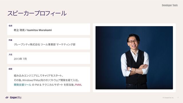 © GrapeCity inc. 5
スピーカープロフィール
組み込みエンジニアとしてキャリアをスタート。
その後、WindowsやMac向けのソフトウェア開発を経て入社。
開発支援ツール の PM ＆ テクニカルサポート を担当後、PMM。
村上 功光 / Isamitsu Murakami
グレープシティ株式会社 ツール事業部 マーケティング部
2013年 7月
名前
所属
入社
経歴

