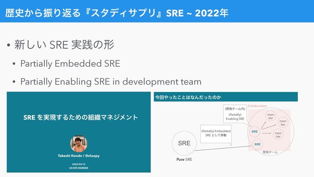 ྺ࢙͔ΒৼΓฦΔʰελσΟαϓϦʱSRE ~ 2022೥
• ৽͍͠ SRE ࣮ફͷܗ


• Partially Embedded SRE


• Partially Enabling SRE in development team
