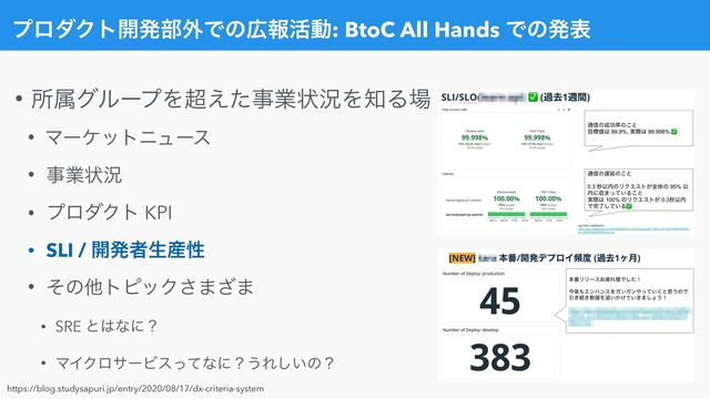 ϓϩμΫτ։ൃ෦֎Ͱͷ޿ใ׆ಈ: BtoC All Hands Ͱͷൃද
https://blog.studysapuri.jp/entry/2020/08/17/dx-criteria-system
• ॴଐάϧʔϓΛ௒͑ͨࣄۀঢ়گΛ஌Δ৔


• Ϛʔέοτχϡʔε


• ࣄۀঢ়گ


• ϓϩμΫτ KPI


• SLI / ։ൃऀੜ࢈ੑ


• ͦͷଞτϐοΫ͞·͟·


• SRE ͱ͸ͳʹʁ


• ϚΠΫϩαʔϏεͬͯͳʹʁ͏Ε͍͠ͷʁ
