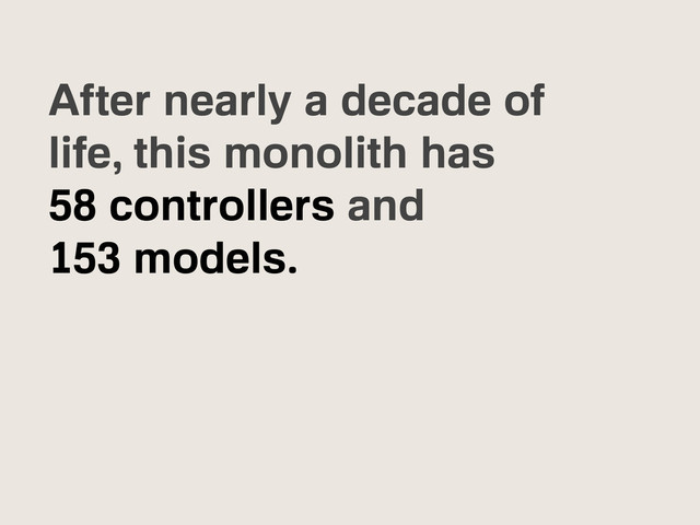 After nearly a decade of
life, this monolith has
58 controllers and
153 models.
