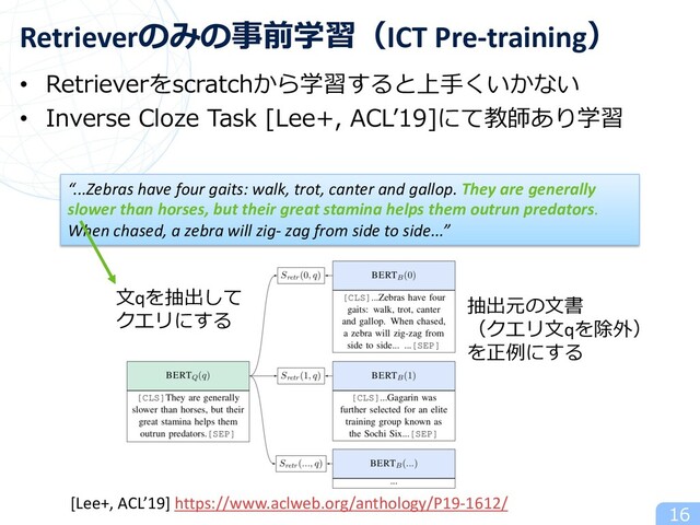 • Retrieverをscratchから学習すると上⼿くいかない
• Inverse Cloze Task [Lee+, ACLʼ19]にて教師あり学習
16
Retrieverのみの事前学習（ICT Pre-training）
[Lee+, ACL’19] https://www.aclweb.org/anthology/P19-1612/
“...Zebras have four gaits: walk, trot, canter and gallop. They are generally
slower than horses, but their great stamina helps them outrun predators.
When chased, a zebra will zig- zag from side to side...”
⽂qを抽出して
クエリにする
抽出元の⽂書
（クエリ⽂qを除外）
を正例にする
