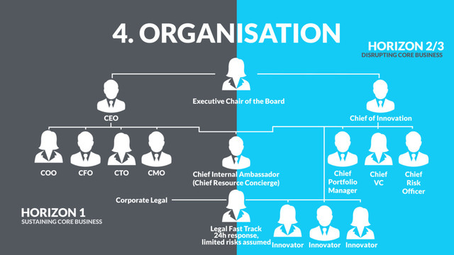 4. ORGANISATION
Executive Chair of the Board
CEO Chief of Innovation
Chief Internal Ambassador 
(Chief Resource Concierge)
COO CFO CTO CMO
Innovator Innovator Innovator
Chief
Portfolio
Manager
Chief
VC
Chief
Risk 
Ofﬁcer
HORIZON 1
SUSTAINING CORE BUSINESS
HORIZON 2/3
DISRUPTING CORE BUSINESS
Legal Fast Track
24h response,
limited risks assumed
Corporate Legal
