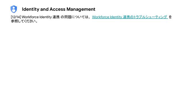 Identity and Access Management
[12/14] Workforce Identity 連携 の問題については、 Workforce Identity 連携のトラブルシューティング を
参照してください。
