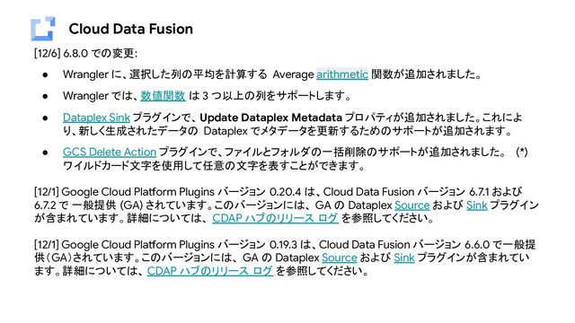 Cloud Data Fusion
[12/6] 6.8.0 での変更:
● Wrangler に、選択した列の平均を計算する Average arithmetic 関数が追加されました。
● Wrangler では、数値関数 は 3 つ以上の列をサポートします。
● Dataplex Sink プラグインで、Update Dataplex Metadata プロパティが追加されました。これによ
り、新しく生成されたデータの Dataplex でメタデータを更新するためのサポートが追加されます。
● GCS Delete Action プラグインで、ファイルとフォルダの一括削除のサポートが追加されました。 (*)
ワイルドカード文字を使用して任意の文字を表すことができます。
[12/1] Google Cloud Platform Plugins バージョン 0.20.4 は、Cloud Data Fusion バージョン 6.7.1 および
6.7.2 で 一般提供 (GA) されています。このバージョンには、 GA の Dataplex Source および Sink プラグイン
が含まれています。詳細については、 CDAP ハブのリリース ログ を参照してください。
[12/1] Google Cloud Platform Plugins バージョン 0.19.3 は、Cloud Data Fusion バージョン 6.6.0 で一般提
供（GA）されています。このバージョンには、 GA の Dataplex Source および Sink プラグインが含まれてい
ます。詳細については、 CDAP ハブのリリース ログ を参照してください。
